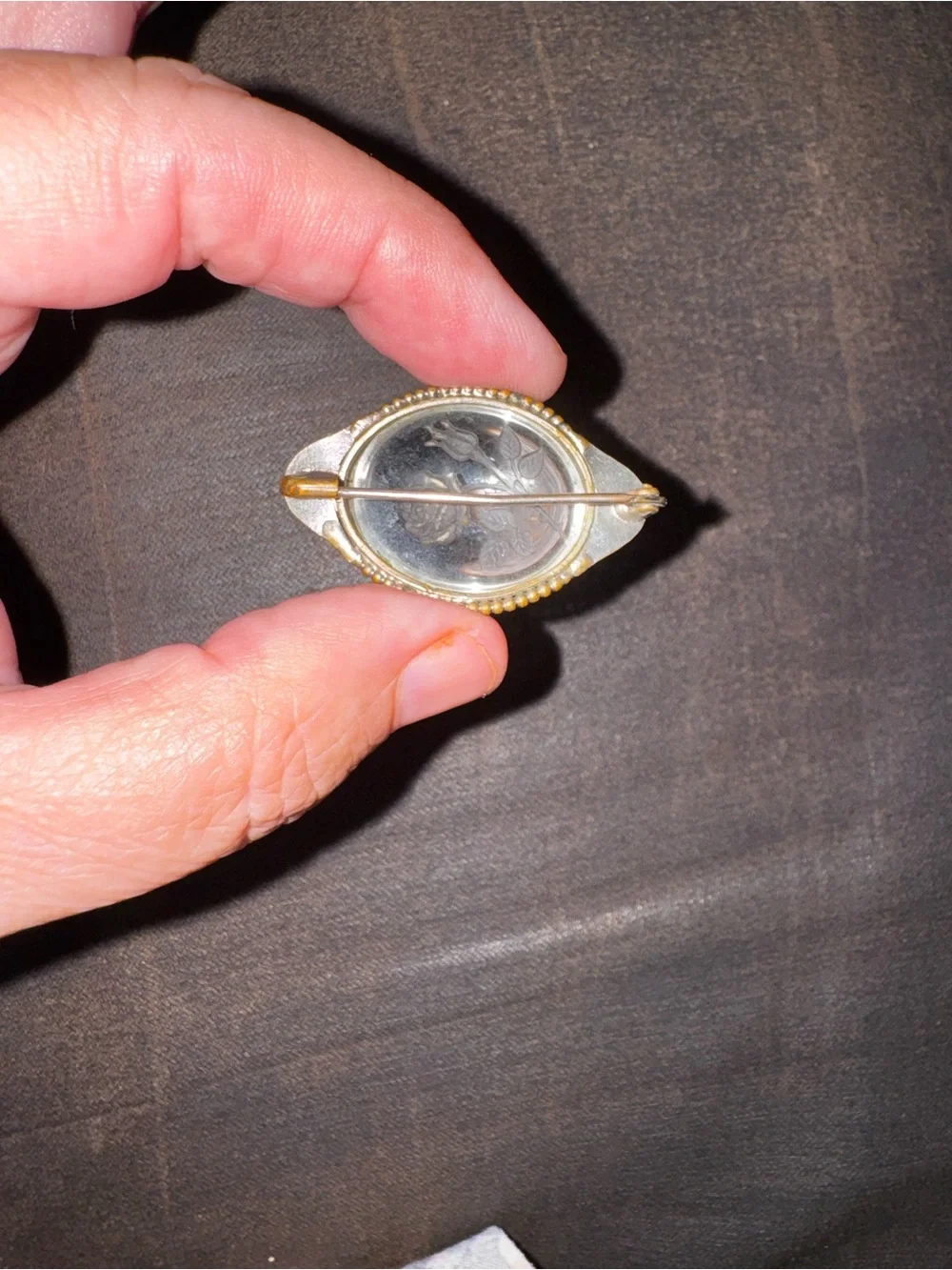 Vintage Gold Tone Clear Etched Rose Pin